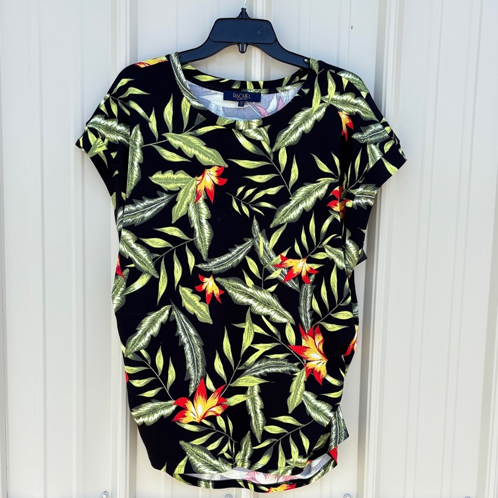 Rachel Roy Tropical Black Top with Leaf and Floral Design Like New 1X